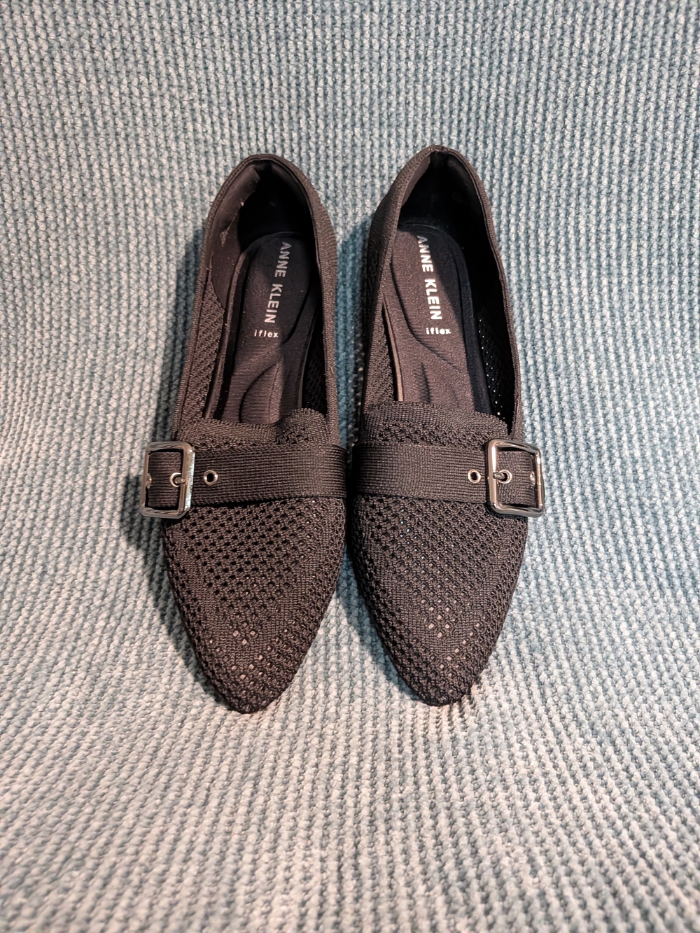 Anne Klein Black Knit Pointed-Toe Flats with Buckle